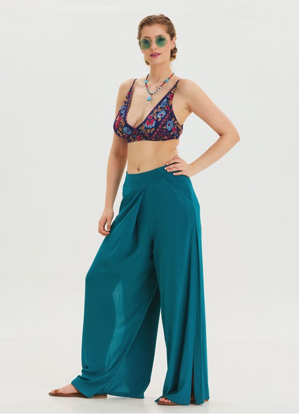 Zipper Detailed Pocket Petrol Women's High Waist Trousers 4640